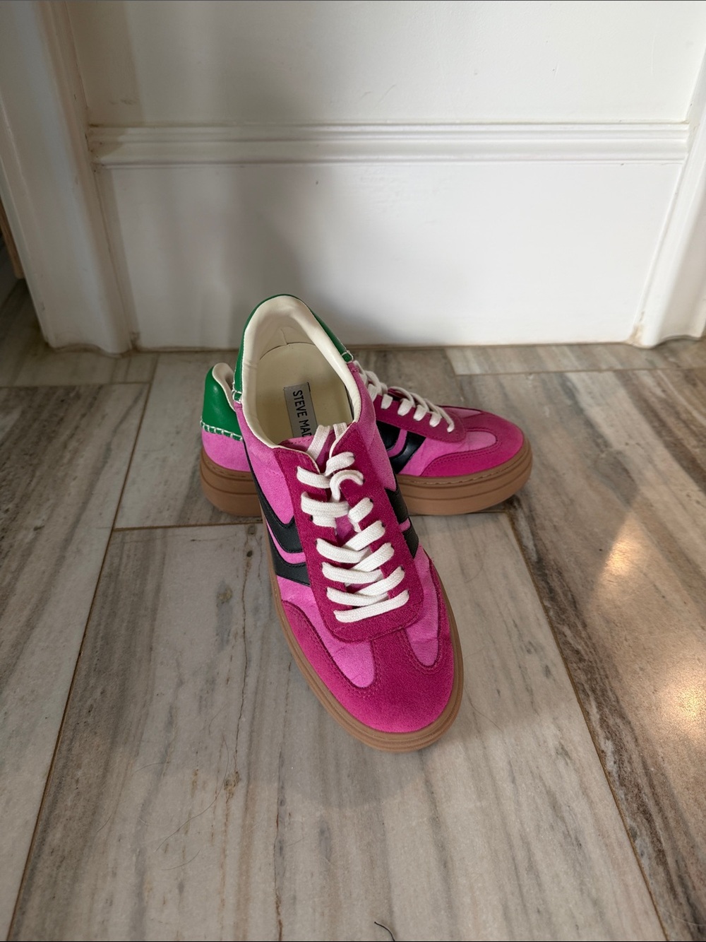Steve Madden Pink Suede Sneakers with Green Heel and Black Accents